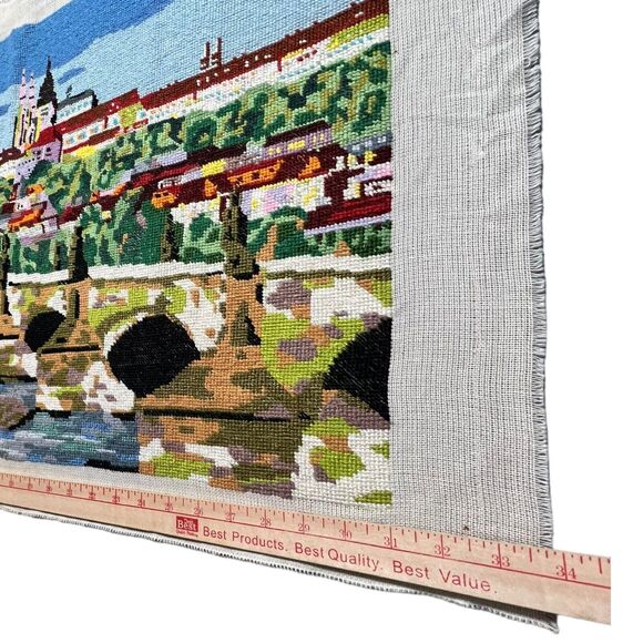 VTG Needlepoint Charles Bridge Prague Canal Village European Embroidery 18”x28” - Picture 13 of 16